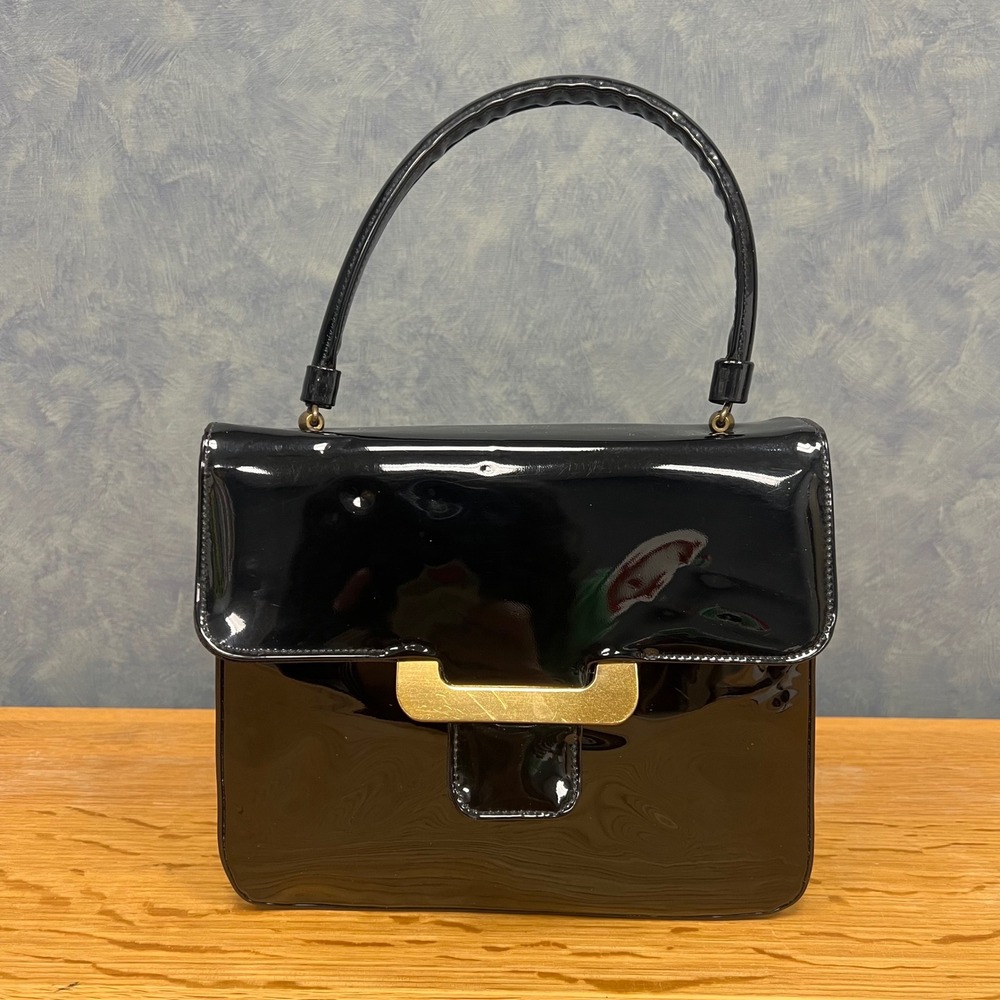 Crown Lewis Black Patent Leather Top Handle Bag Gold Accent Vintage Small‎